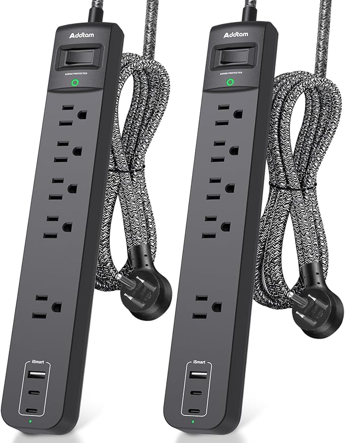 2 Pack Power Strip Surge Protector - 5 Widely Spaced Outlets 3 USB, 6Ft
