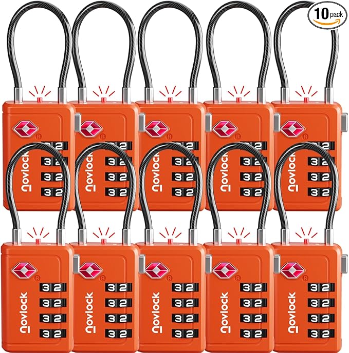 TSA Approved Luggage Locks | Inspection Indicator, 4-Digit Combination, Durable Zinc Alloy | for Suitcases, Backpacks, Travel Bags | Orange, 10-Pack