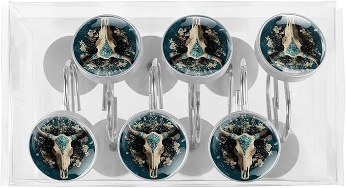 12 Packs Cow Skull Shower Curtain Hooks, Stainless Steel Glass Shower Curtain Rings for Bathroom Decor, Metal Rustproof Curtain Rod Hooks