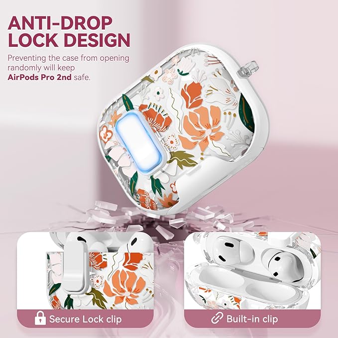 with Safety Lock for AirPods Pro 2nd 1st Generation Case Cover,Clear Floral Cute AirPods Pro 2 Case with Phone Stand & Cleaning Kit for AirPod Pro Case for Women Girly-Orange Flower