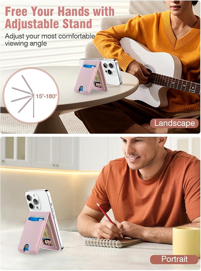 TopMade for MagSafe Wallet with Adjustable Stand, Strongest Magnetic Phone Card Holder for iPhone 17/16/15/14/13/12 Series, Leather RFID Blocking Wallet, ID Window, Fit 6 Cards, Pink