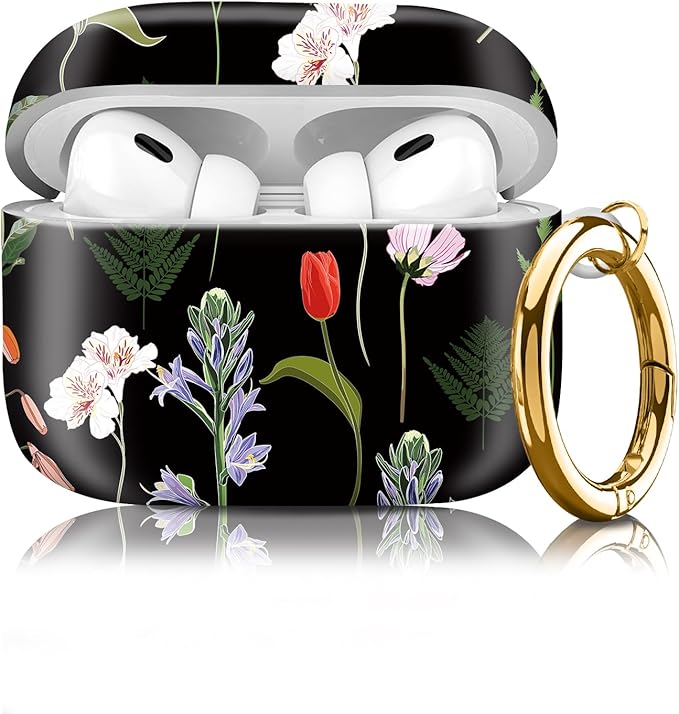 Compatible with Airpod pro 2nd/1st Generation Case Cover with Gold Round Keychain Cute Pattern Hard & Anti Slip Cover for Men Women & Girls（Blooming Flowers）