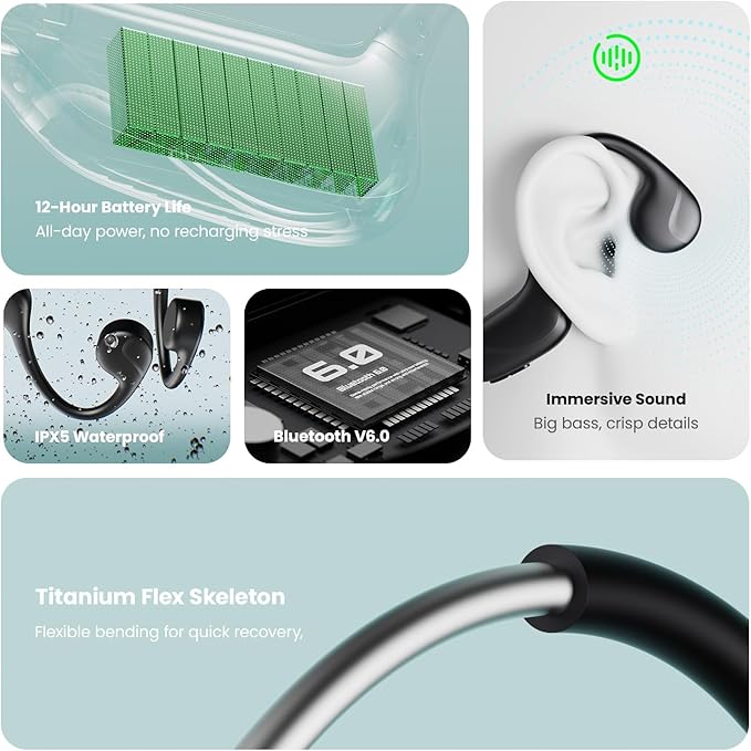 Bone Conduction Headphones,Bluetooth V6.0 Bone Conduction Earbuds with Mic,Open Ear Headphones 12Hrs Playtime,Wireless IPX5 Waterproof Sport Headphone for Running (Obsidian Black)