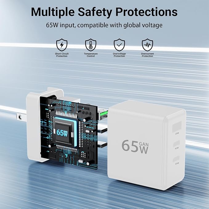 USB C Charger, Wall Charger，65W Charging Station 3-Port Fast Compact Foldable for MacBook Pro/Air, iPad Pro, Galaxy S23, Dell XPS 13, Note 20/10+, iPhone 15/Pro, Steam Deck, and More (White)
