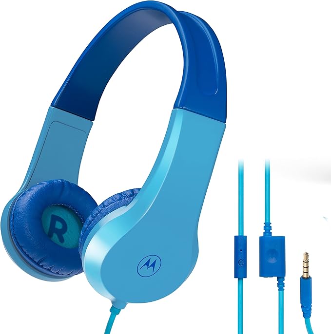 Motorola Sound Moto JR200 Headphones for Kids with Microphone - Over Ear Kid Headphones with Safe Volume Limit 85dB, Audio Splitter - Kids Wired Headphones for School, Home - Blue