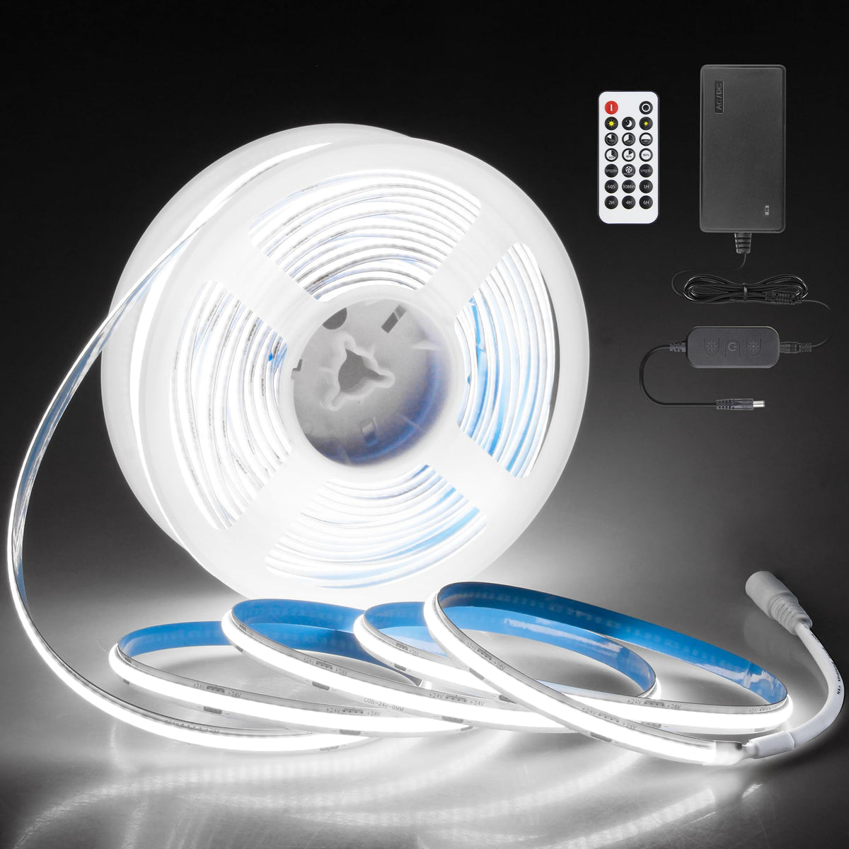 24V COB LED Strip Light 65.6ft One Roll with Remote Cold White 6500K 8mm