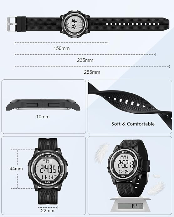 CIVO Digital Watches for Men Women: Sports Waterproof Wristwatch with Stopwatch Alarm Date - LED Backlight Big Numbers Silicone Watch for Outdoor Camping Running Cycling