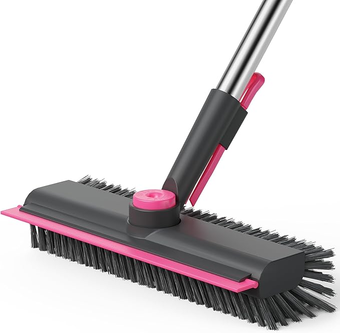 AIR U+ Floor Scrub Brush with Long Handle, 3 in 1 Scrape and Heavy-Duty Stiff Bristle Scrubber Brush for Cleaning Shower Bathroom, Patio, Garage, Kitchen, Wall and Deck, Gray and Pink