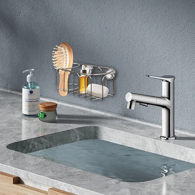 Sink Sponge Holder, Magnetic Kitchen Sink Caddy, 304 Stainless Steel Sink Brush Holder+Sponge Holder, Sink Drain Frame- Silver (Magnet)