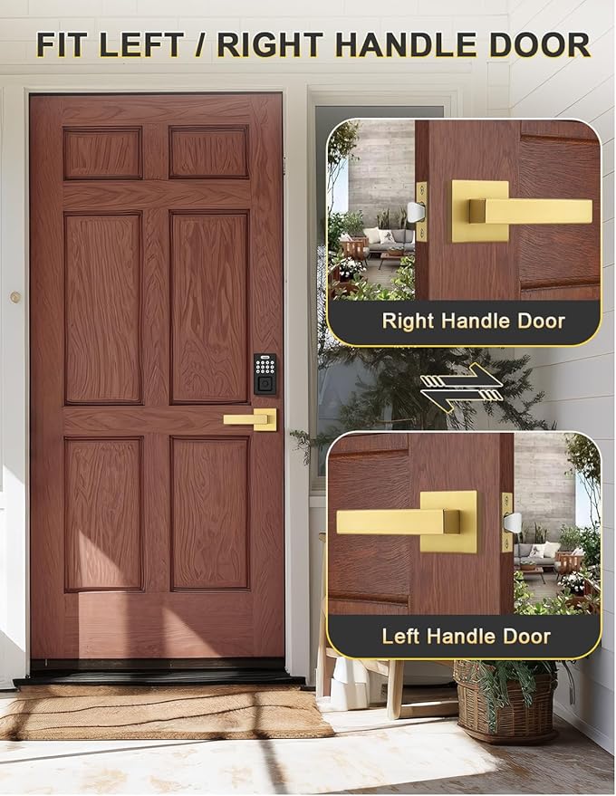 3 Pack Gold Keyless Square Levers Handles, Satin Brass Finish, Interior Passage Door Locksets for Hall Closet Door Knobs Lock Reversible Right & Left Handed