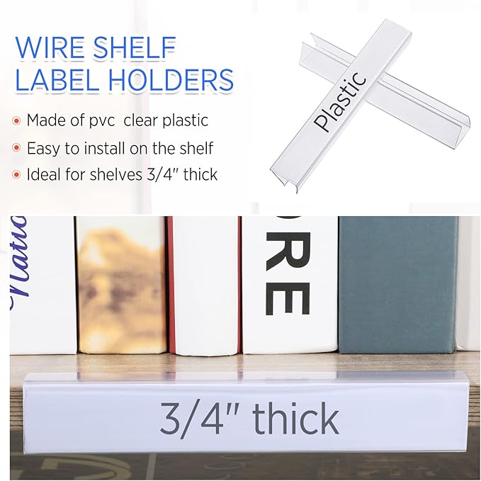 Teling 15 Pieces Shelf Label Holder, Clear Plastic 0.875'' x 6'' Shelves Clip Wood Tags Ticket Sign Label Metal Holders for 0.75'' Thick Shelves Includes Matched Blank Inserts Offices Libraries