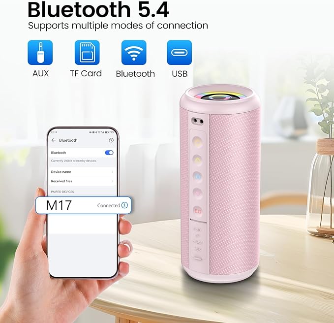 Portable Bluetooth Speaker, 2026 Bluetooth 5.4 Wireless Speaker with 20W HD Loud Stereo Sound, 20H Playtime, LED Lights, IP7, TWS Pairing, Built-in Mic, for Outdoor, Home, Beach, Party, Gift, Pink