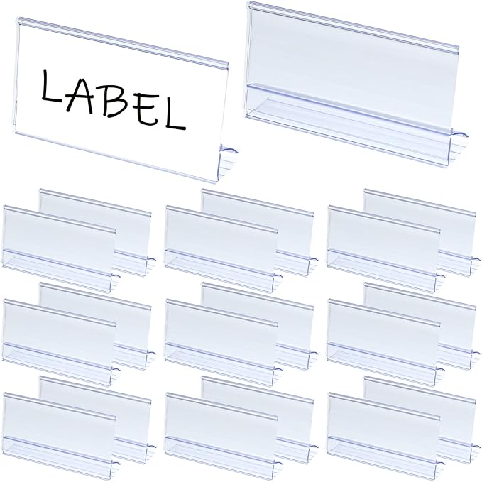 100 Pcs Shelf Label Holder Clear Plastic Clip on Labels Shelf Tags for Wire Shelving 0.15'' to 0.4'' Wood Glass Shelves Sign Price Tags