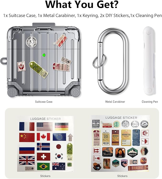 Filoto Compatible with Airpods 4 Case, Cute Fashion Suitcase Design for Airpods 4th Generation Case Cover, Shockproof Protective Hard Case with Keychain/Cleaner Kit (Silver, Airpods 4 Case)