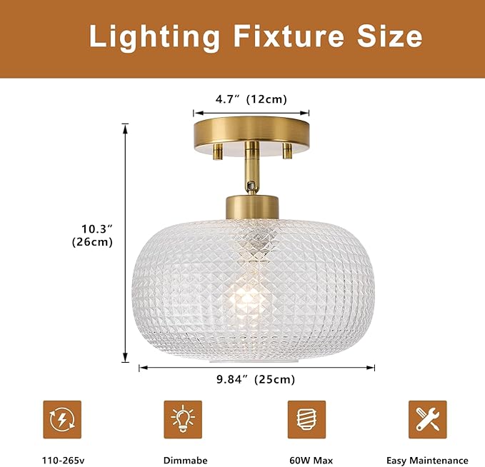 Modern Prismatic Globe Ceiling Light,Vintage Glass Flush Mount Light Fixture with Brass Gold Hallway Ceiling Lighting for Bedroom,Foyer,Kitchen,Laundry Room,Entryway,E26 Ceramic Base,9.84 Inch