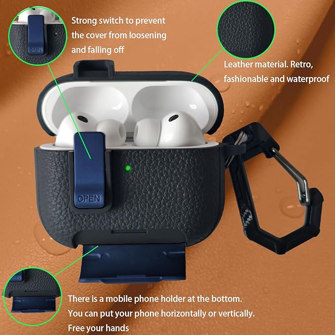 for Leather AirPods Pro 3 Case 2025| Cute Air Pods Pro 3 Case with Lock(Model A2700/A2931) | with Phone Holder & Keychain | Airpods 3 Pro Cases for Man Women(Blue Black)