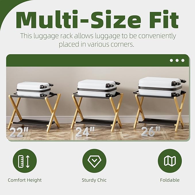 Luggage Rack, Set of 2, Folding Suitcase Stand with Storage Shelf, Premium Bamboo Luggage Holder for Guest Room, Bedroom, Hotel, Closet, Holds up to 135 lb (Natural)