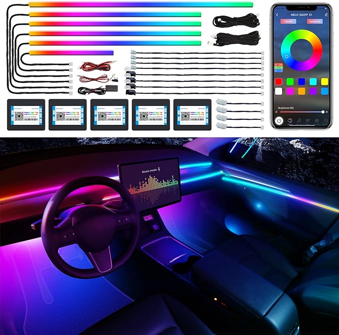 Dreamcolor Acrylic Interior Car LED Strip Light with Wireless APP, RGB 18 in 1 with 175 inches 600 LEDs Fiber Optic Car Ambient Lighting Kits, Dual Zone Sound Active Function LED Strip for Car