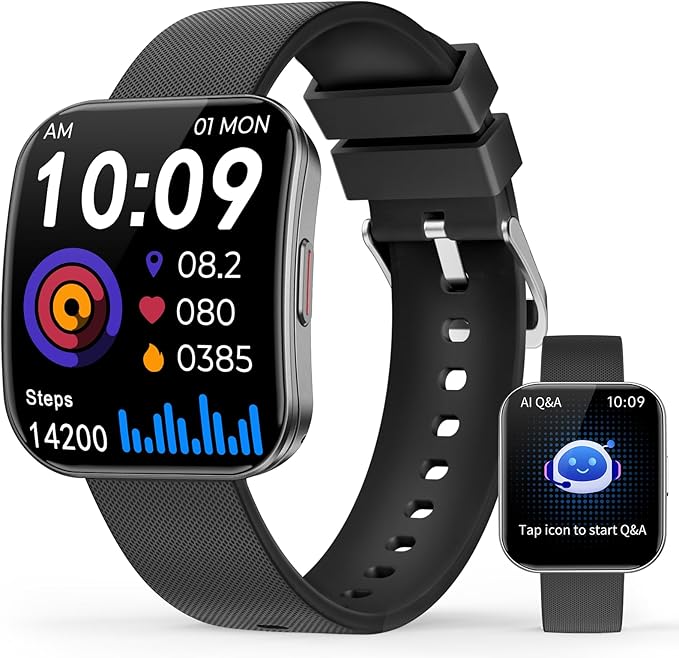 Smart Watch for Men Women, Bluetooth Calls, AI Dial,AI Q&A,1.85" HD AMOLED Curved Display Fitness Watch with Heart Rate/SpO2/Stress Monitor, Pedometer,110+ Sports Waterproof IP68 Smartwatch, Black