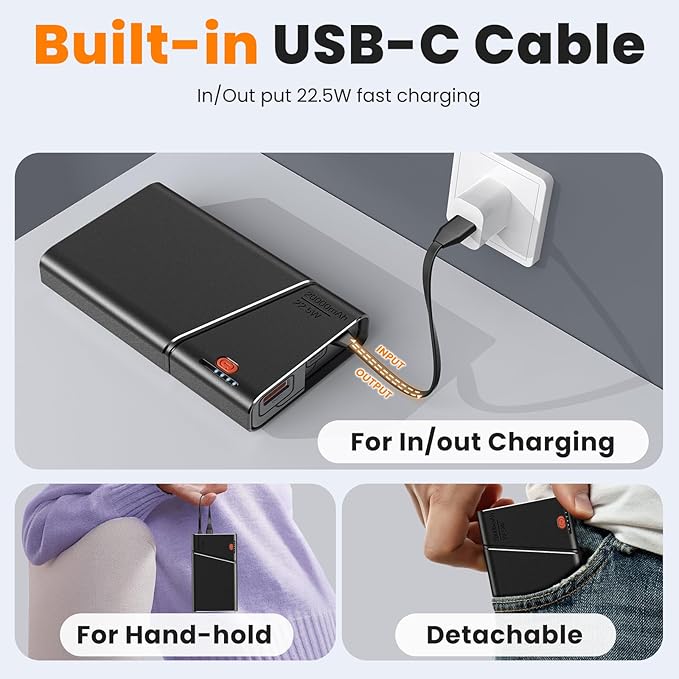 Portable Charger Power Bank, 20000mAh 22.5W PD Fast Charging Powerbank with Built-in USB C Cable, External Phone Battery Pack for iPhone 17/16/15 Samsung S24 Android etc