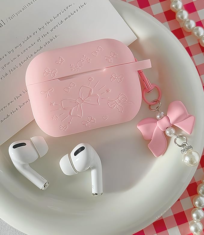 for AirPods Pro 2 Case Cover with Bow Keychain, DamonLight Cute Flower Floral Engraved Silicone Protective Case Cover Compatible with Apple Airpods Pro 2 Case for Women and Girls, Pink
