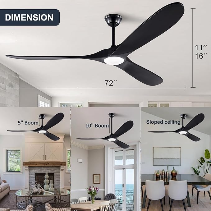 Black 72 Inch Outdoor Ceiling Fan with Remote, Large Ceiling Fans with Lights, Modern Quiet Reversible DC Motor 6 Speeds Timing Farmhouse Ceiling Fan for Paitios Waterproof Gazebo Office Bedroom