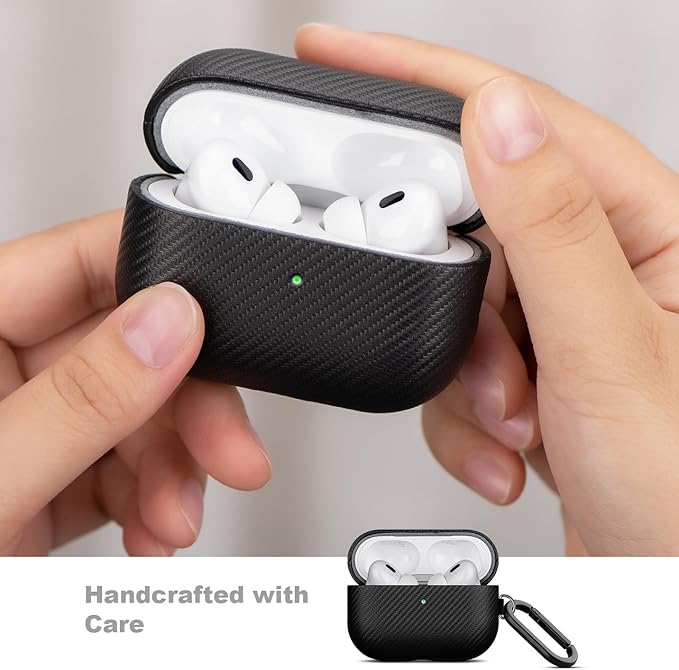 LOPIE Handmade AirPods Pro Case, Carbon Fiber Texture Vegan Leather Case with Keychain & Cleaner Kit, Protective Hard Shell Cover - Black