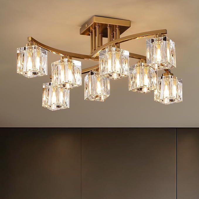 8-Light Modern Sputnik Ceiling Light Fixture Farmhouse Crystal Semi Flush Mount Ceiling Light Gold Chandeliers for Dining Room Living Room Kitchen Island Bedroom Entryway