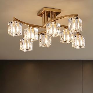8-Light Modern Sputnik Ceiling Light Fixture Farmhouse Crystal Semi Flush Mount Ceiling Light Gold Chandeliers for Dining Room Living Room Kitchen Island Bedroom Entryway - Image 1