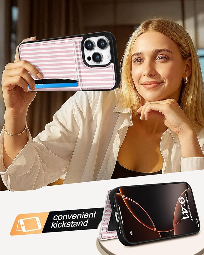 for iPhone 12/12 Pro Case with Wallet - Fits 4 Card Slots, Compatible with MagSafe for Women Aesthetic Durable PU Leather Credit Card Holder Kickstand Phone Cover for Apple 12/12 Pro, Stripe