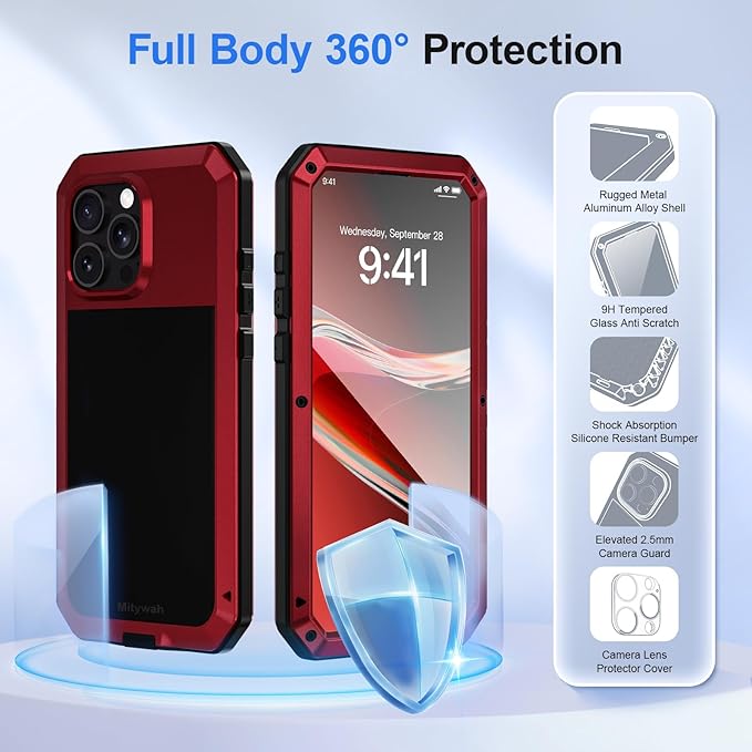 Mitywah Metal Case for iPhone 16 Pro Max, Rugged Phone Case Built-in 9H Screen Protector Military Grade Full Body Protection Heavy Duty Dual Layer Screw Bumper Protective Case iPhone 16 Pro Max Red | Aluminum Phone Case, 9H Screen Protector, Military G...