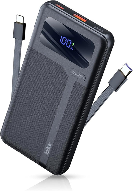 Antteez Portable Charger with Built in Cable - 10000mAh Fast Charging 22.5W Power Bank USB C LED Display Travel Battery Pack 4 Outputs & 2 Inputs for iPhone Samsung iPad Phones Tablets