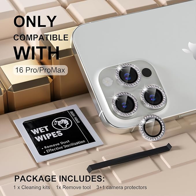 Misea Compatible for iPhone 16 Pro/iPhone 16 Pro Max Camera Lens Protector Bling, 9H Tempered Glass Camera Cover Screen Protector Metal Individual Ring Protector Decoration Accessories, Silver Diamond