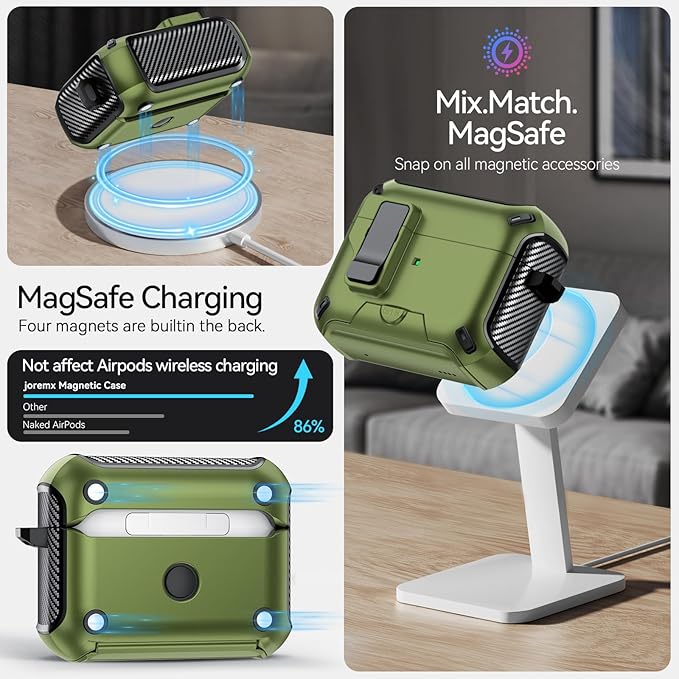 for AirPods Pro 2nd/1st Case (2023/2022/2019) with Phone Stand,（with Automatic Snap Switch） Carbon Fiber Design Protection Cover with Cleaning Pen,Dark Green