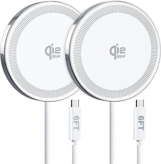 25W Qi2.2 Magnetic Wireless Charger, Fast Charging Pad for iPhone 17/16/15/14/13/12 Series & AirPods, Strong Magnet, Portable for Travel Home Office (White, 2Pack 6FT)