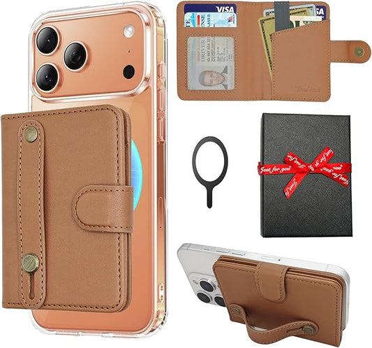 for MagSafe Wallet Magnetic Card Holder for MagSafe Phones and Cases,Strong Magnetic Wallet for iphone 12-17 Series,RFID Blocking Phone Wallets Hold 5 Cards,Strap Stand,Leather Brown