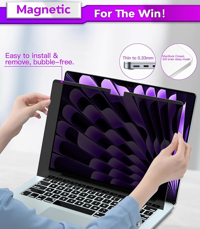 PYS Privacy Screen Protector for MacBook Air 15 Inch (2023-2025, M2, M3, M4) - Nano Attach, Anti-Spy, Reusable & Removable, Blue Light & UV Blocking, Case Friendly