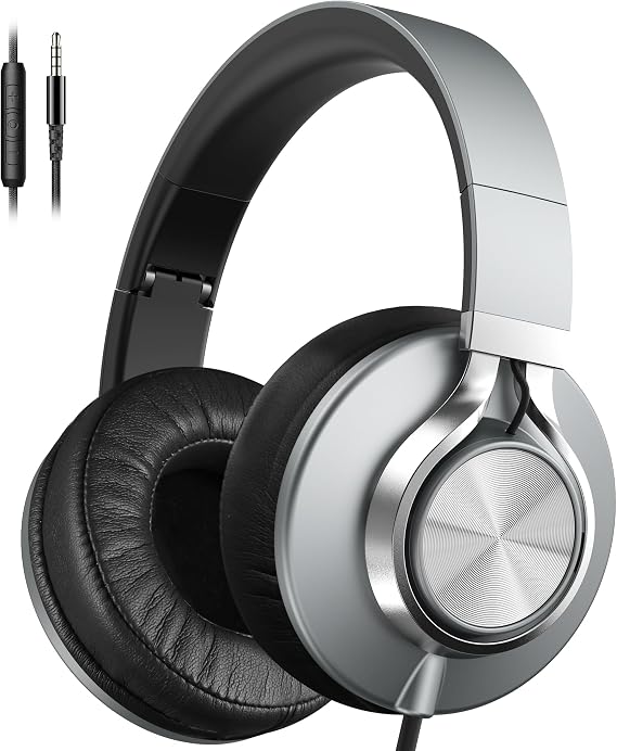 AILIHEN C90 Wired Headphones with Mic Volume Control Noise Isolating Grey