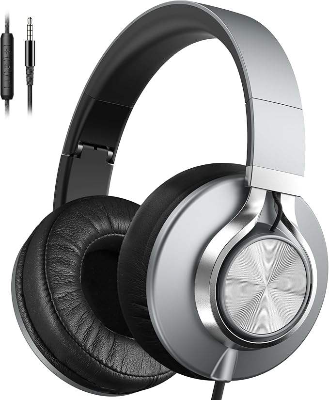 AILIHEN C90 Wired Headphones with Mic Volume Control Noise Isolating Grey