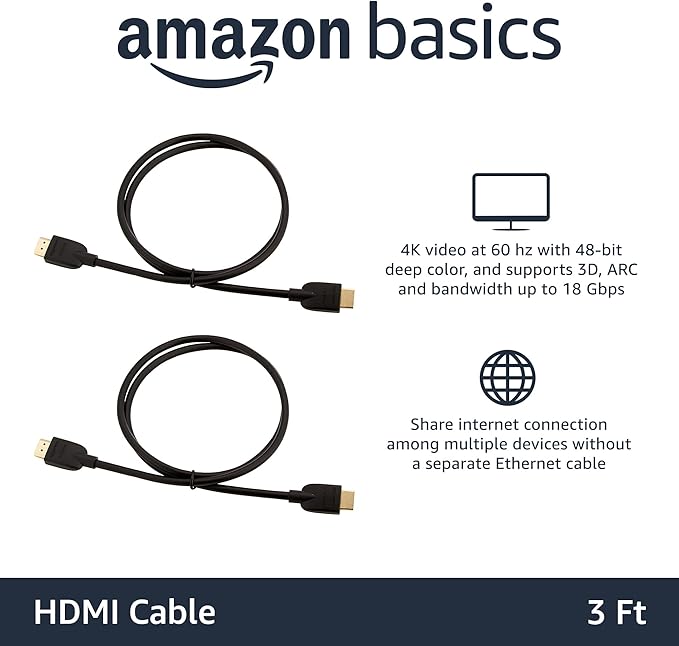Amazon Basics HDMI Cable, 2-Pack, 3ft, 4K@60Hz, High-Speed 4K HDMI 2.0 Cord for Blu-ray, Ethernet, 2160p, 48 bit, Compatible with TV/PS5/Xbox/Roku, Black