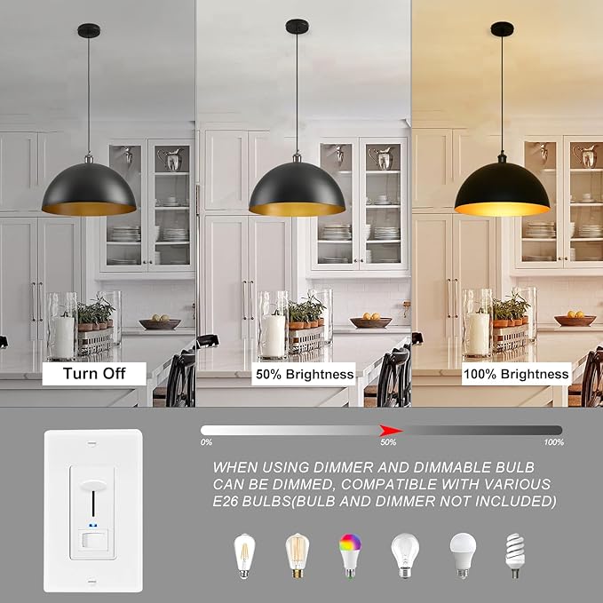 Black Dome Pendant Lights Kitchen Island, 17.72 Inch Black and Gold Pendant Light, Large Vintage Industrial Metal Farmhouse Pendant Light Fixture for Kitchen Island, Dining Room, Cafe, Bar, 2 Pack