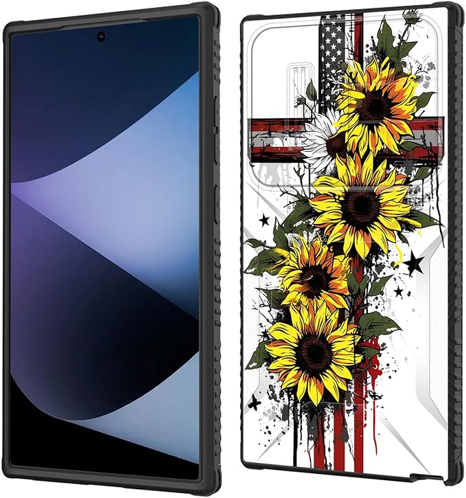 for Galaxy S26 Ultra Case Built in Slide Camera Lens Cover,Heavy Duty Shockproof Protection Dual Layer Case for Samsung Galaxy S26 Ultra 6.9" 2026,Cross American Flag Sunflower