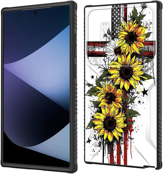 for Galaxy S26 Ultra Case Built in Slide Camera Lens Cover,Heavy Duty Shockproof Protection Dual Layer Case for Samsung Galaxy S26 Ultra 6.9" 2026,Cross American Flag Sunflower