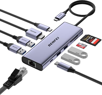 BENFEI USB C Hub 10-in-1 Docking Station, 4K@60Hz HDMI, Gigabit Ethernet, 100W PD, 5Gbps USB-C Data, 4X USB-A 3.0, 170MB/s SD/TF Card Reader for MacBook Pro/Air, iPad Pro, iMac, Galaxy S23, XPS 17