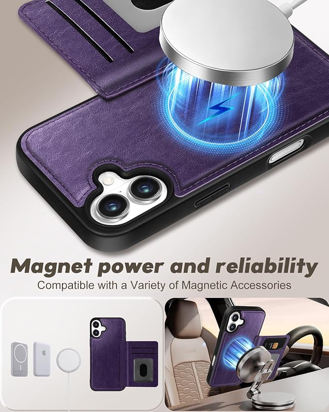 for iPhone 16 Wallet Case - Fits 4 Card Slots, Compatible with MagSafe for Women Aesthetic Durable PU Leather Credit Card Holder Kickstand Phone Cover for Apple 16, Purple