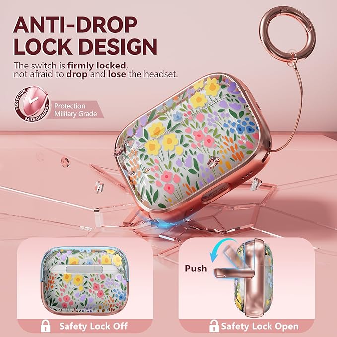 Inesore for AirPods Pro 2nd Generation Case Cover with Lock, Flowers Cute Clear Air Pods Pro 2 Case Hard iPod Pro Cases for Women Girls with Cleaner Kit (2023 USB-C /2022/2019) - Seven Color Flower