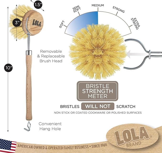 LOLA - The Original - Tampico Vegetable & Dish Wood Brush, 6 Pack, 3" Head, Sustainable, Tampico Bristles, Easy Head Only Replacement