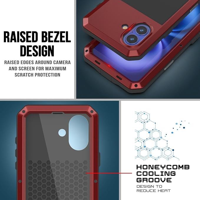 Punkcase for iPhone 16 Metal Case | Heavy Duty Military Grade Armor Cover | Hard Aluminum & TPU Design W/Tempered Glass Screen Protector for iPhone 16 (6.1") (2024) [Red]