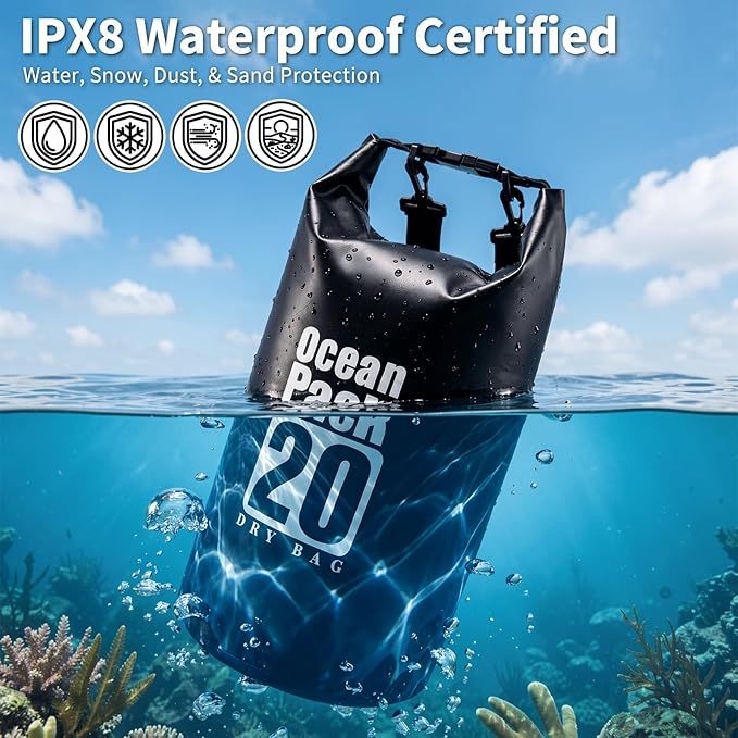 Waterproof Backpack 20L, Roll Top Closure Dry Bag Water Proof Black, Lightweight Floating Dry Bag for Kayaking Boating Hunting, Durable Hiking Backpack with IPX8 Waterproof Phone Pouch-Black, 7"