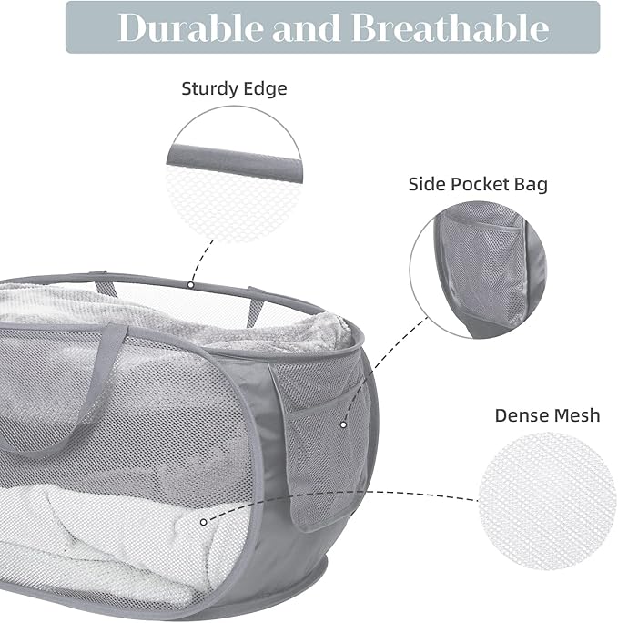 3 Pack Collapsible Laundry Baskets, Foldable Laundry Basket with Pocket, Mesh Pop Up Hampers, Reinforced Handles Dirty Clothes Hamper for Laundry, Bedroom, Bathroom, Dorm, Travel or Camping Grey